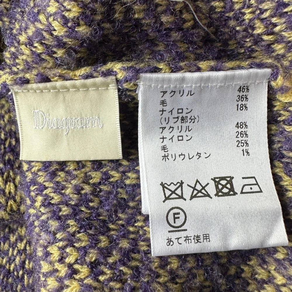 Check Tweed Yellow Purple Fuzzy Knit Cardigan V-Neck Button Front Sweater
